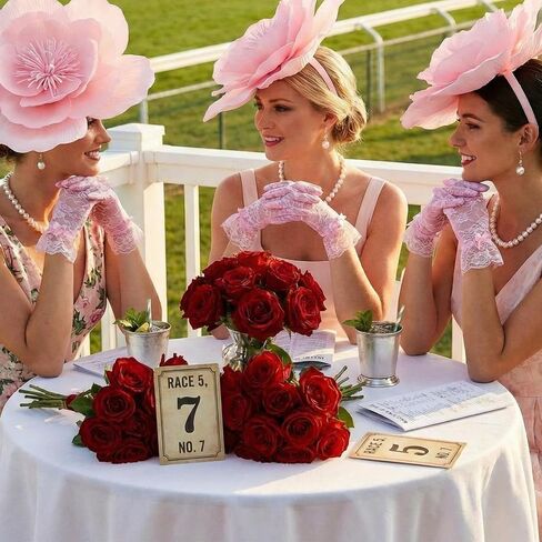 4 Pack Derby Fascinators Hat Accessory for Women Tea Party Pink Flower Hat with Lace Gloves Pearl Necklace Earrings Derby Race Accessory for Woman Cocktail Wedding Party in Kuwait