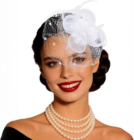 White Fascinator Hat with Veil 2-in-1 Tea Party Headband & Hair Clip, Elegant Flower Feather Mesh Fascinator for Women,Wedding, Church & Forma in Saudi Arabia