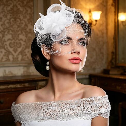 White Fascinator Hat with Veil 2-in-1 Tea Party Headband & Hair Clip, Elegant Flower Feather Mesh Fascinator for Women,Wedding, Church & Forma in Saudi Arabia