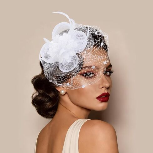 White Fascinator Hat with Veil 2-in-1 Tea Party Headband & Hair Clip, Elegant Flower Feather Mesh Fascinator for Women,Wedding, Church & Forma in Saudi Arabia