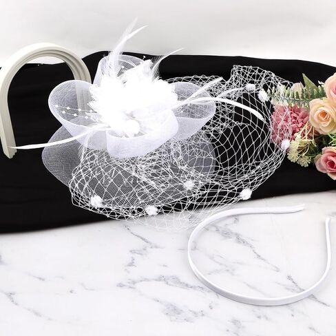 White Fascinator Hat with Veil 2-in-1 Tea Party Headband & Hair Clip, Elegant Flower Feather Mesh Fascinator for Women,Wedding, Church & Forma in Saudi Arabia