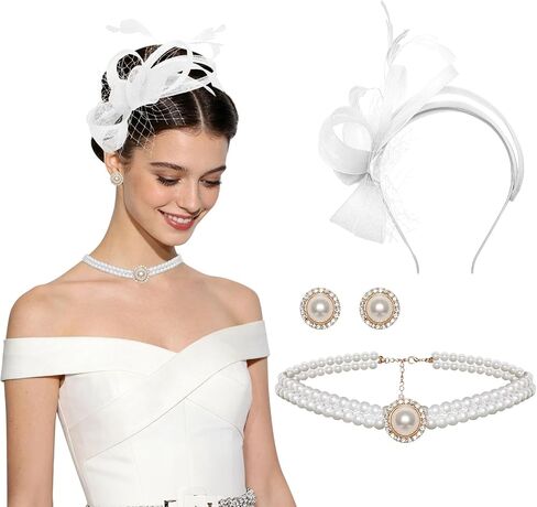Heliltd Fascinators for Women 3pcs Tea Party Jewelry Set Veil Fascinator Headband Pearl Necklace Earrings Vintage Pillbox Hat in Kuwait
