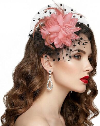 Molain Fascinators Hat for Women Tea Party, Feather Mesh Headband Hair Clip Vintage Cocktail Wedding Church Hat(Rose Red) in Kuwait