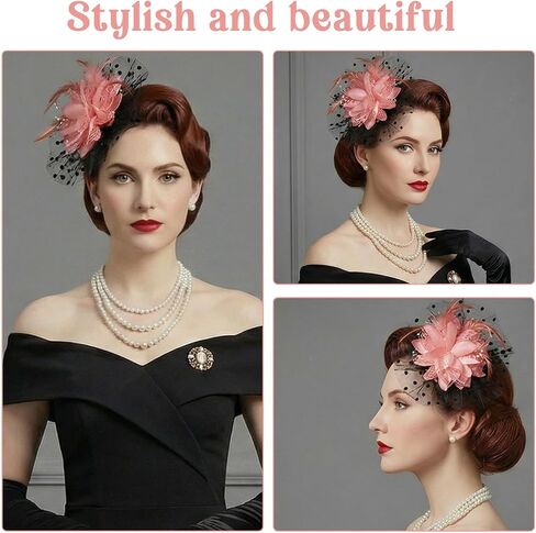 Molain Fascinators Hat for Women Tea Party, Feather Mesh Headband Hair Clip Vintage Cocktail Wedding Church Hat(Rose Red) in Kuwait