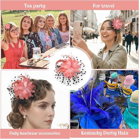 Molain Fascinators Hat for Women Tea Party, Feather Mesh Headband Hair Clip Vintage Cocktail Wedding Church Hat(Rose Red) in Kuwait