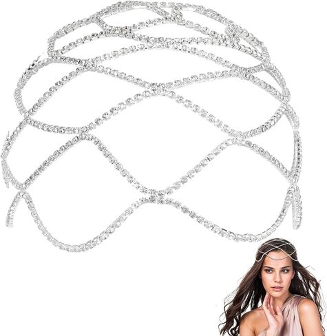Rhinestone Mesh Headpiece Cap, Roaring 1920s Silver Crystal Chainmail Head Chain Vintage Flapper Headpiece Accessories for Women Girls (Silver) in Kuwait
