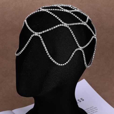 Rhinestone Mesh Headpiece Cap, Roaring 1920s Silver Crystal Chainmail Head Chain Vintage Flapper Headpiece Accessories for Women Girls (Silver) in Kuwait