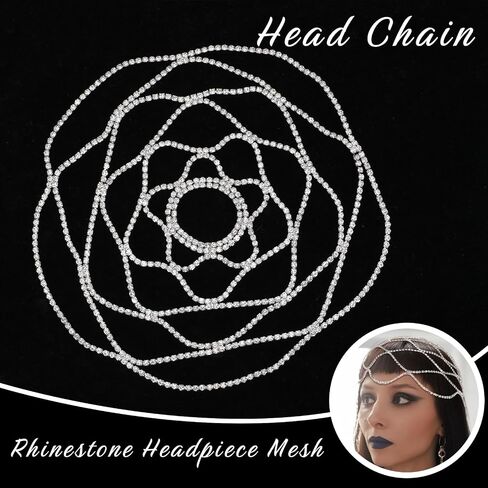 Rhinestone Mesh Headpiece Cap, Roaring 1920s Silver Crystal Chainmail Head Chain Vintage Flapper Headpiece Accessories for Women Girls (Silver) in Kuwait