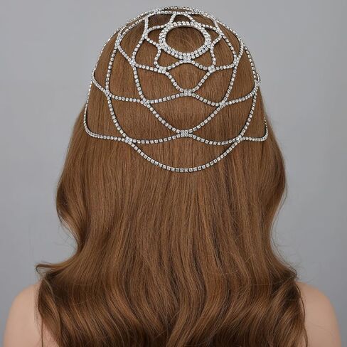 Rhinestone Mesh Headpiece Cap, Roaring 1920s Silver Crystal Chainmail Head Chain Vintage Flapper Headpiece Accessories for Women Girls (Silver) in Kuwait