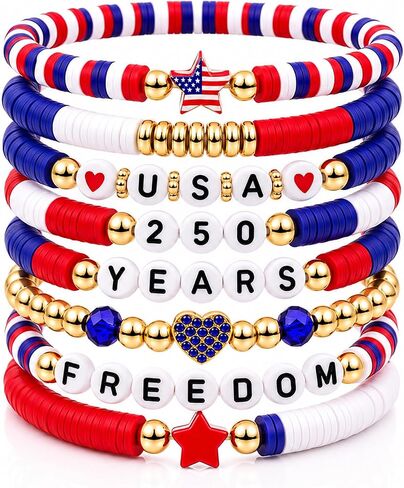 250th Anniversary USA Bracelets Bulk,4th of July Independence Day Jewelry Accessories,Patriotic Clay Beaded Stretch Bracelets for Women in Saudi Arabia