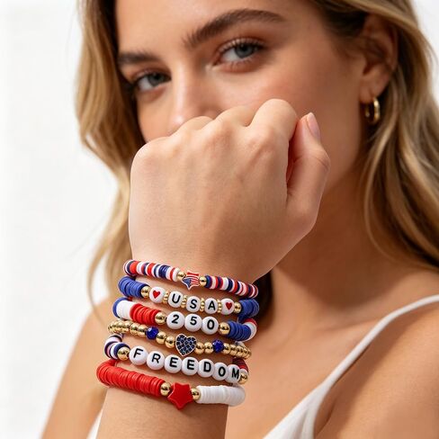 250th Anniversary USA Bracelets Bulk,4th of July Independence Day Jewelry Accessories,Patriotic Clay Beaded Stretch Bracelets for Women in Saudi Arabia