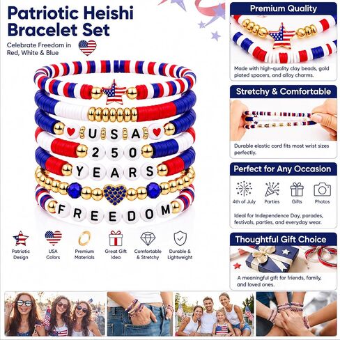 250th Anniversary USA Bracelets Bulk,4th of July Independence Day Jewelry Accessories,Patriotic Clay Beaded Stretch Bracelets for Women in Saudi Arabia