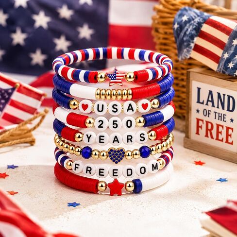 250th Anniversary USA Bracelets Bulk,4th of July Independence Day Jewelry Accessories,Patriotic Clay Beaded Stretch Bracelets for Women in Saudi Arabia