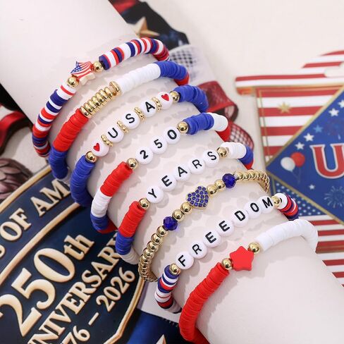 250th Anniversary USA Bracelets Bulk,4th of July Independence Day Jewelry Accessories,Patriotic Clay Beaded Stretch Bracelets for Women in Saudi Arabia
