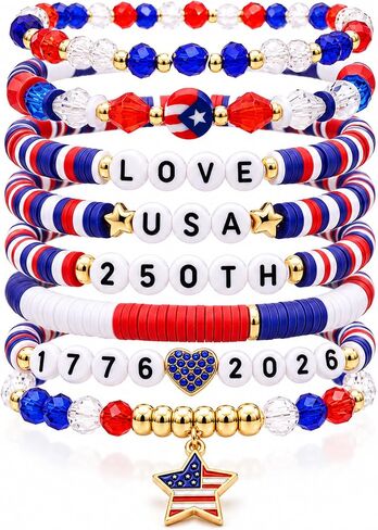 250th Anniversary USA Bracelets Bulk,4th of July Independence Day Jewelry Accessories,Patriotic Clay Beaded Stretch Bracelets for Women in Saudi Arabia