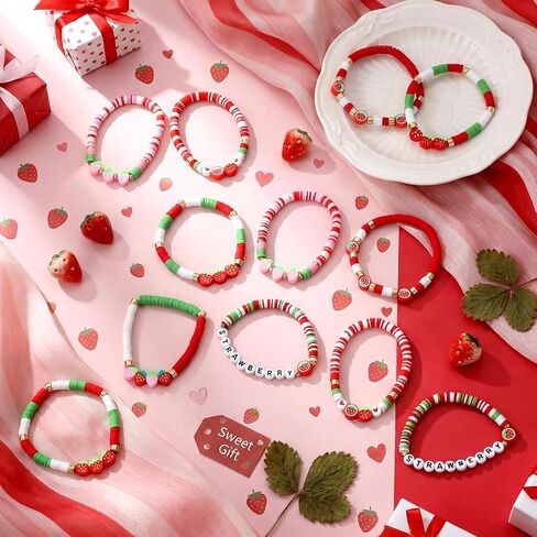 Landical 24pcs Strawberry Beaded Stretch Bracelets Bulk for Women Friendship Heishi Bracelets for Strawberry Party Favors Fruit Themed Party Supplies in Kuwait