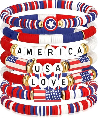 4th of July Accessories for Women Men - American Flag Red White Blue Beaded Stretch Bracelet Patriotic Jewelry for Independence Day Gifts in Kuwait