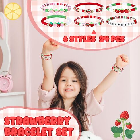 Landical 24pcs Strawberry Beaded Stretch Bracelets Bulk for Women Friendship Heishi Bracelets for Strawberry Party Favors Fruit Themed Party Supplies in Kuwait