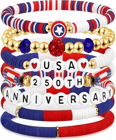 4th of July Accessories for Women Men - American Flag Red White Blue Beaded Stretch Bracelet Patriotic Jewelry for Independence Day Gifts in Kuwait