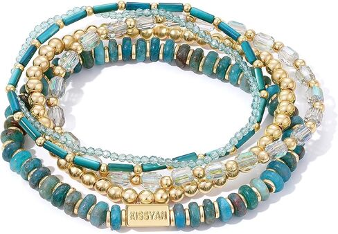 KissYan Stackable Beaded Bracelets for Women, 14K Boho Gold Plated Natural Stone Crystal Shell Stretch Layered Bracelet Set, Adjustable Jewelry for Daily Commute Party Travel Gift in Kuwait