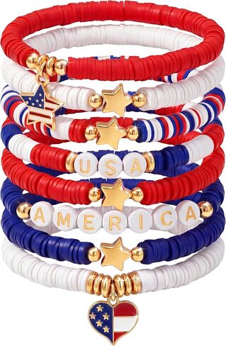 4th of July Friendship Bracelets for Women, 250th Anniversary USA Patriotic Jewelry, Red White and Blue Clay Beaded Stackable Outfits Accessories in Kuwait