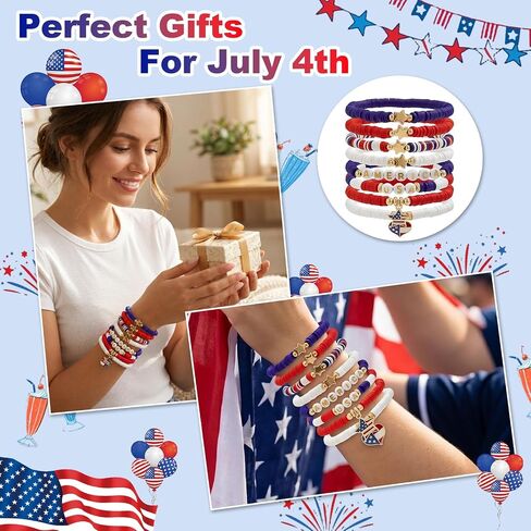 4th of July Friendship Bracelets for Women, 250th Anniversary USA Patriotic Jewelry, Red White and Blue Clay Beaded Stackable Outfits Accessories in Kuwait