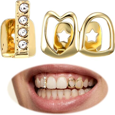 2 Pcs Rhinestone Gold Grills Heart Hollow Teeth Grills Golden Dental Caps for Men Women Hip Hop Rapper Outfits Costume Accessory Halloween Party Top Bottom Removable in Kuwait