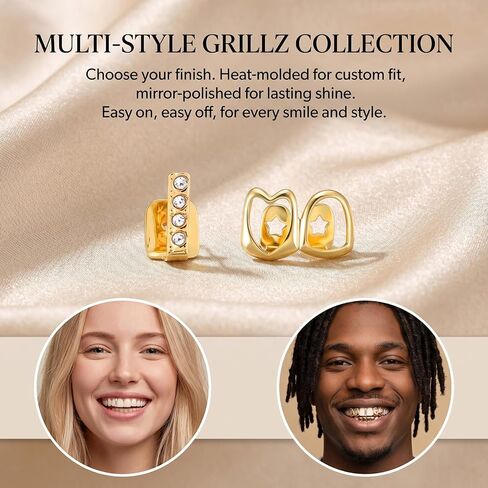 2 Pcs Rhinestone Gold Grills Heart Hollow Teeth Grills Golden Dental Caps for Men Women Hip Hop Rapper Outfits Costume Accessory Halloween Party Top Bottom Removable in Kuwait