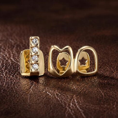 2 Pcs Rhinestone Gold Grills Heart Hollow Teeth Grills Golden Dental Caps for Men Women Hip Hop Rapper Outfits Costume Accessory Halloween Party Top Bottom Removable in Kuwait