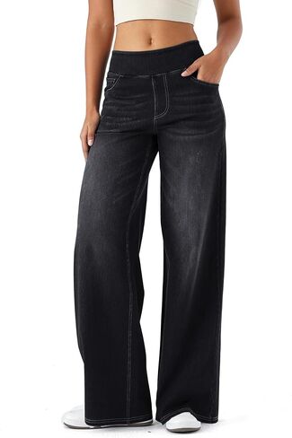 Denim Wide Leg Pants for Women,High Waisted and Slimming,Straight Tube,Loose fit,High Elasticity Jeans with Pockets in Kuwait