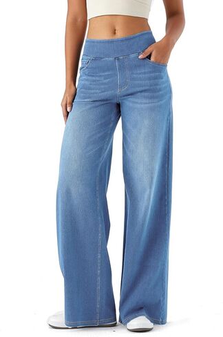 Denim Wide Leg Pants for Women,High Waisted and Slimming,Straight Tube,Loose fit,High Elasticity Jeans with Pockets in Kuwait