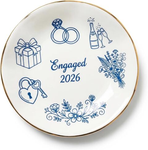 CHOIEO Mrs Ring Dish Jewelry Dish, Bride Mrs Est 2026 Wifey Engaged Trinket Tray, Ceramic Ring Holder Jewelry Tray with Blue Floral Design, Something Blue Bridal Shower Engagement (Engaged 2026) in Kuwait