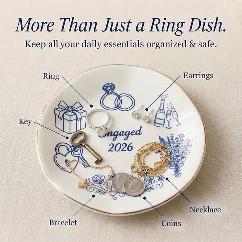 CHOIEO Mrs Ring Dish Jewelry Dish, Bride Mrs Est 2026 Wifey Engaged Trinket Tray, Ceramic Ring Holder Jewelry Tray with Blue Floral Design, Something Blue Bridal Shower Engagement (Engaged 2026) in Kuwait