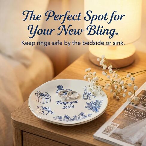 CHOIEO Mrs Ring Dish Jewelry Dish, Bride Mrs Est 2026 Wifey Engaged Trinket Tray, Ceramic Ring Holder Jewelry Tray with Blue Floral Design, Something Blue Bridal Shower Engagement (Engaged 2026) in Kuwait