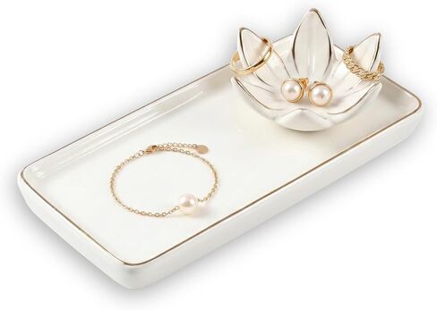 Mystic Touch Ceramic Jewelry Dish - Flower Ring Holder and Rectangular Trinket Tray, Jewelry Organizer for Vanity, Nightstand, Bathroom Counter [Golden Trim] in Kuwait
