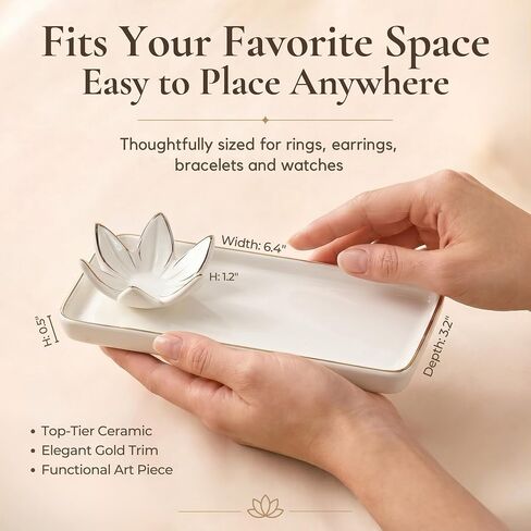 Mystic Touch Ceramic Jewelry Dish - Flower Ring Holder and Rectangular Trinket Tray, Jewelry Organizer for Vanity, Nightstand, Bathroom Counter [Golden Trim] in Kuwait