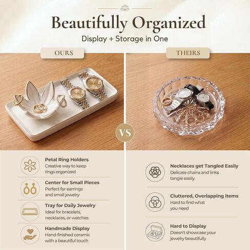 Mystic Touch Ceramic Jewelry Dish - Flower Ring Holder and Rectangular Trinket Tray, Jewelry Organizer for Vanity, Nightstand, Bathroom Counter [Golden Trim] in Kuwait