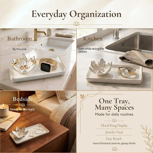 Mystic Touch Ceramic Jewelry Dish - Flower Ring Holder and Rectangular Trinket Tray, Jewelry Organizer for Vanity, Nightstand, Bathroom Counter [Golden Trim] in Kuwait