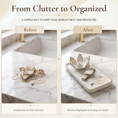 Mystic Touch Ceramic Jewelry Dish - Flower Ring Holder and Rectangular Trinket Tray, Jewelry Organizer for Vanity, Nightstand, Bathroom Counter [Golden Trim] in Kuwait