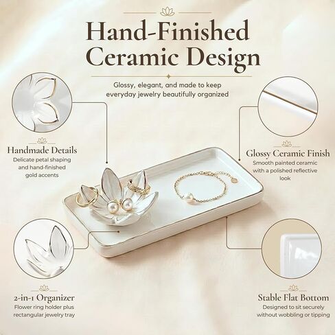 Mystic Touch Ceramic Jewelry Dish - Flower Ring Holder and Rectangular Trinket Tray, Jewelry Organizer for Vanity, Nightstand, Bathroom Counter [Golden Trim] in Kuwait