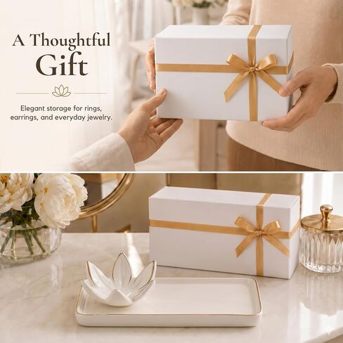 Mystic Touch Ceramic Jewelry Dish - Flower Ring Holder and Rectangular Trinket Tray, Jewelry Organizer for Vanity, Nightstand, Bathroom Counter [Golden Trim] in Kuwait
