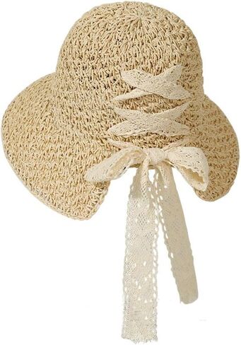 Women Straw Beach Hats Summer Sun Hat with Cute Bow Tie Floppy Packable Foldable Travel Wide Brim UV Protection in Kuwait