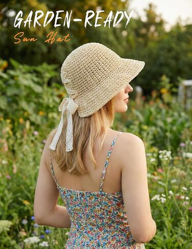 Women Straw Beach Hats Summer Sun Hat with Cute Bow Tie Floppy Packable Foldable Travel Wide Brim UV Protection in Kuwait