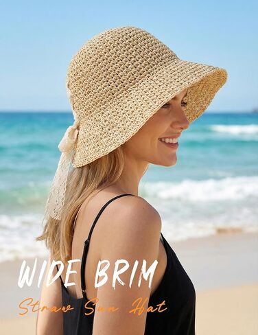 Women Straw Beach Hats Summer Sun Hat with Cute Bow Tie Floppy Packable Foldable Travel Wide Brim UV Protection in Kuwait