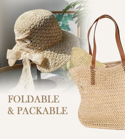 Women Straw Beach Hats Summer Sun Hat with Cute Bow Tie Floppy Packable Foldable Travel Wide Brim UV Protection in Kuwait