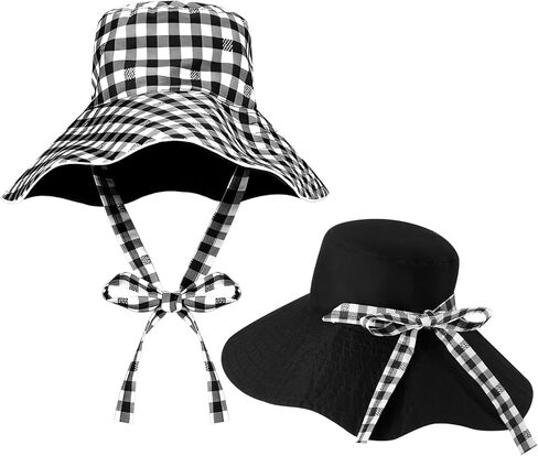 Reversible Wide Brim Bucket Hat for Women Sun Hat Checkered Plaid Summer Beach Double Side Wear with Bow UV Protection Fishing Hats Black and White in Kuwait