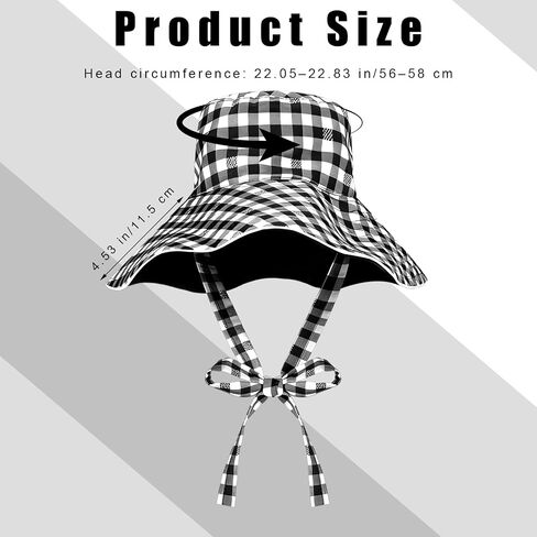 Reversible Wide Brim Bucket Hat for Women Sun Hat Checkered Plaid Summer Beach Double Side Wear with Bow UV Protection Fishing Hats Black and White in Kuwait