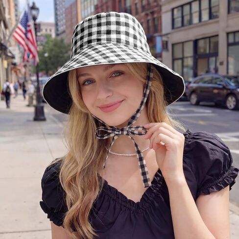 Reversible Wide Brim Bucket Hat for Women Sun Hat Checkered Plaid Summer Beach Double Side Wear with Bow UV Protection Fishing Hats Black and White in Kuwait