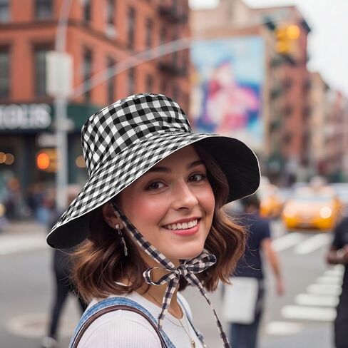 Reversible Wide Brim Bucket Hat for Women Sun Hat Checkered Plaid Summer Beach Double Side Wear with Bow UV Protection Fishing Hats Black and White in Kuwait