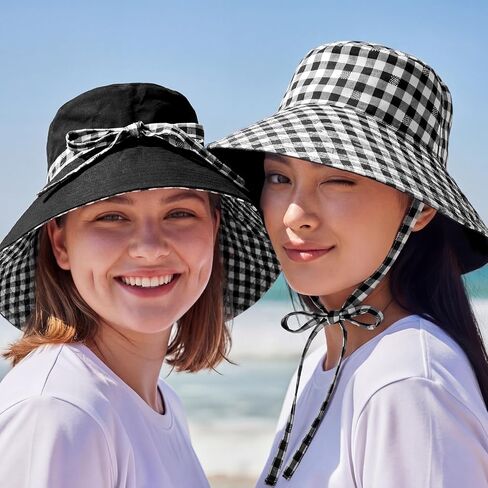 Reversible Wide Brim Bucket Hat for Women Sun Hat Checkered Plaid Summer Beach Double Side Wear with Bow UV Protection Fishing Hats Black and White in Kuwait